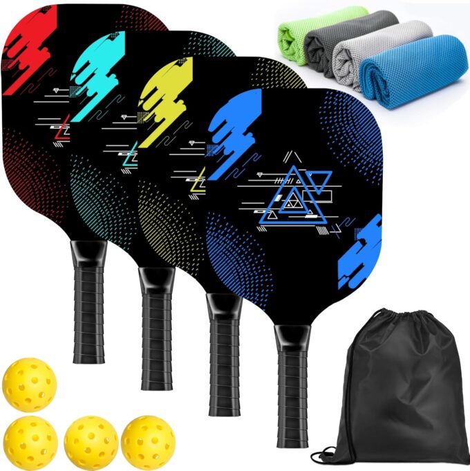 Pickleball Set - 4 Premium Wood Paddles, 4 Cooling Towels, 4 Balls & Carry Bag - Cushion Comfort Grip - Gifts for Men Women